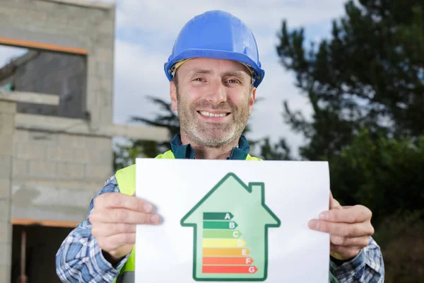 Builder with an energy rating sign — Stock Photo, Image