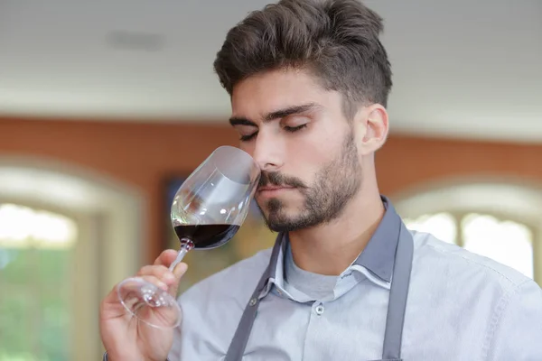 Erkek şarap garsonu içki kalitesini analiz ediyor. — Stok fotoğraf