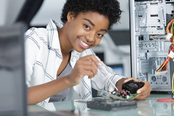 Técnico femenino que fija el ordenador en interiores — Foto de Stock