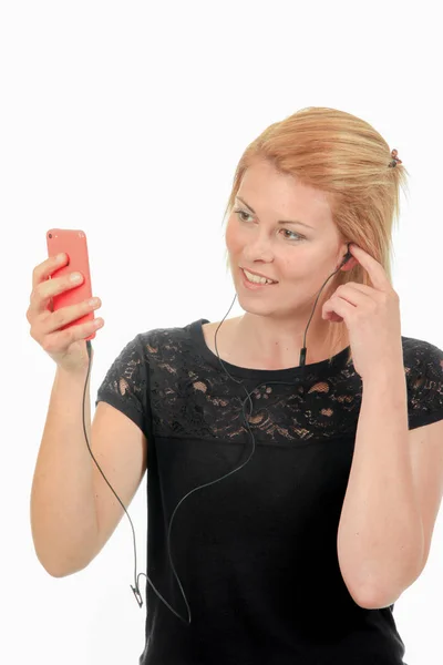 Woman and music through earphones — Stock Photo, Image