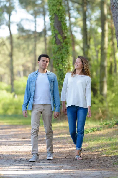 Jovem Casal Caminhando Parque Floresta Outono — Fotografia de Stock