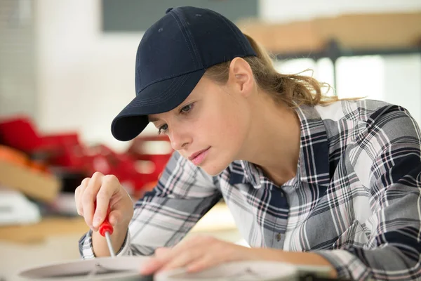 Bastante Joven Mujer Haciendo Diy Trabajo Casa —  Fotos de Stock