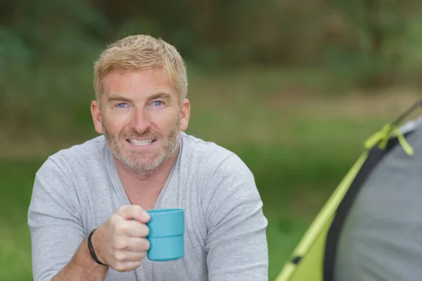 Portrait Middle Aged Man Holding Cup Camping Trip — Stock Photo, Image