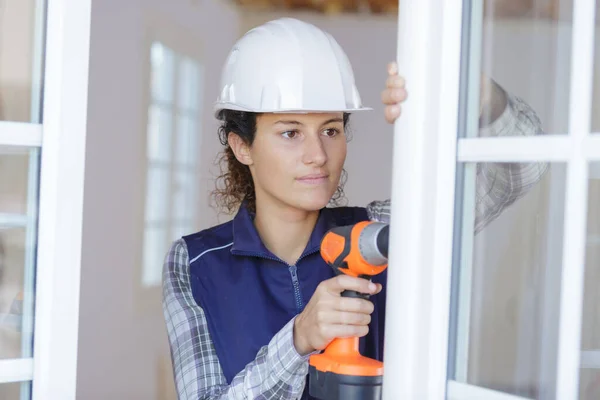 Portrait Young Confident Woman Working Power Drill — Stock Photo, Image