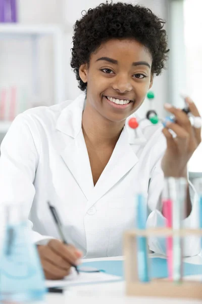 Portrait Female Scientist Holding Model Atom — Stock Photo, Image