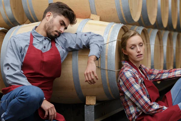 Male Female Workers Asleep Wine Cellar — Stock Photo, Image