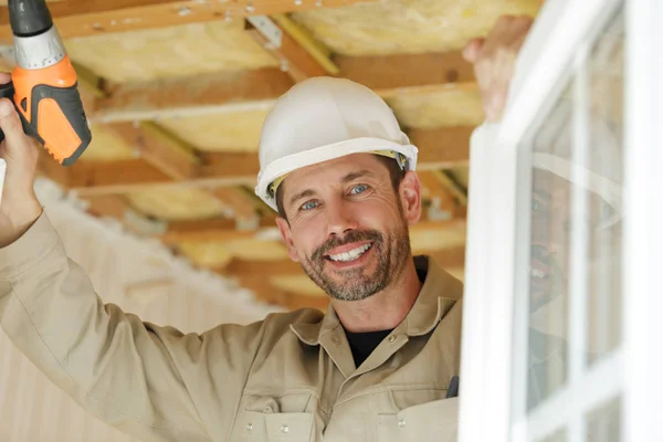 Hombre Mediana Edad Perforación Agujero Pared — Foto de Stock