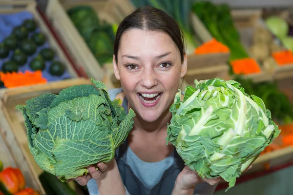 Positive Young Girl Buying Cauliflower Market — Stock Photo, Image