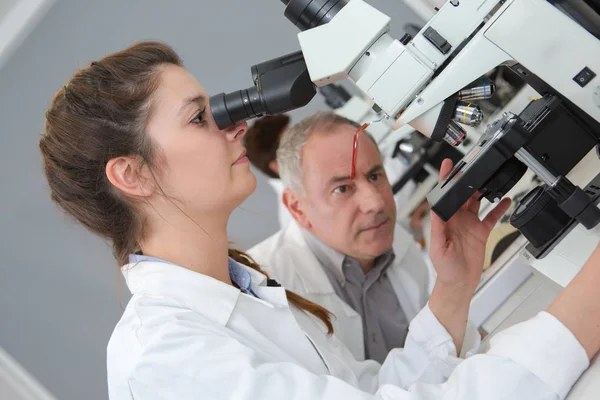 Observera Hur Studenten Använder Mikroskopet — Stockfoto