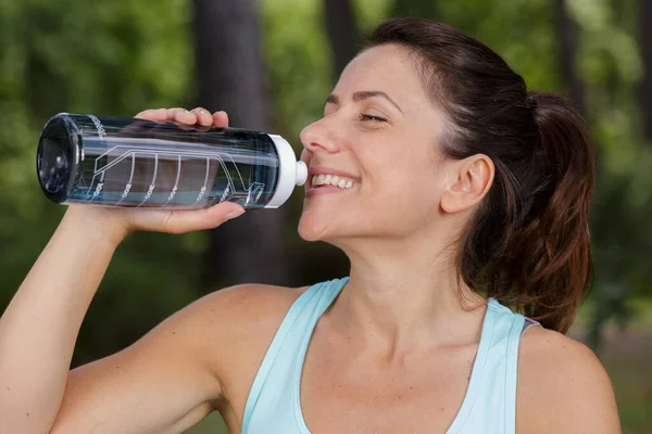 Young Woman Drinks Water Forest — Stock Photo, Image