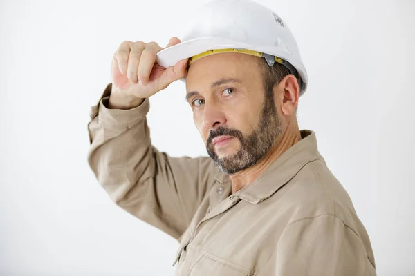 Homem Capacete Olha Para Câmera — Fotografia de Stock