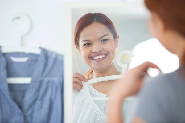 Beautiful Young Woman Trying Clothes Front Mirror — Stock Photo, Image