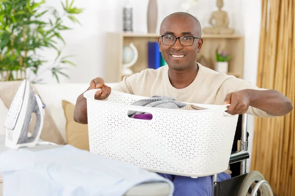 Man Wheelchair Doing Laundry — Stock Photo, Image