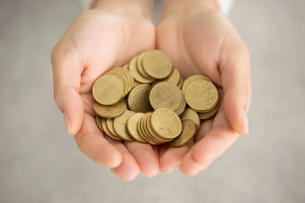 Woman Holding Coins Hand — Stock Photo, Image