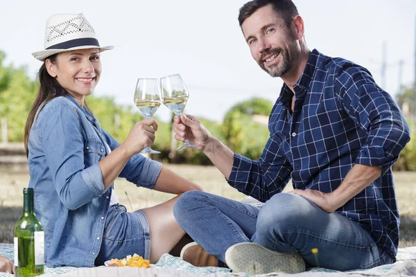 Heureux Couple Attrayant Assis Ensemble Boire Vin Sur Pique Nique — Photo