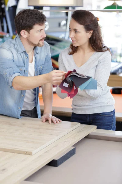 Man Woman Looking Fabric Colour Samples — Stock Photo, Image