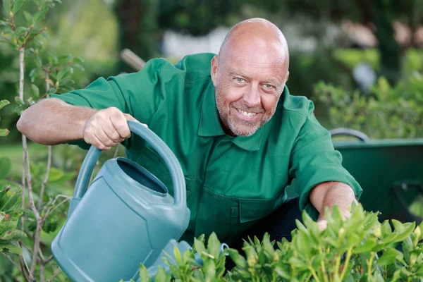 Jardinero Masculino Regar Felizmente Las Plantas — Foto de Stock