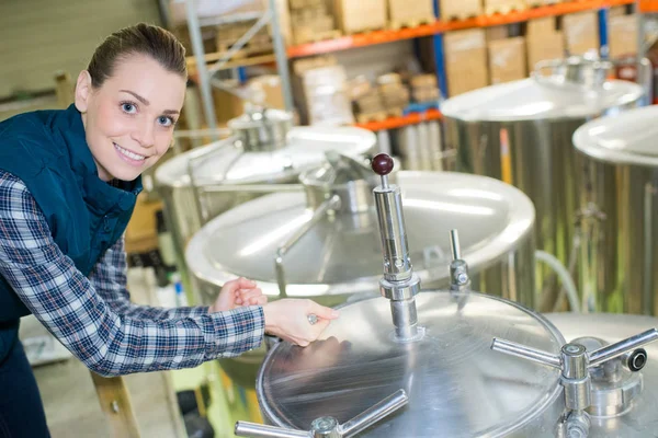 Portrait Woman Stainless Steel Vats — Stock Photo, Image