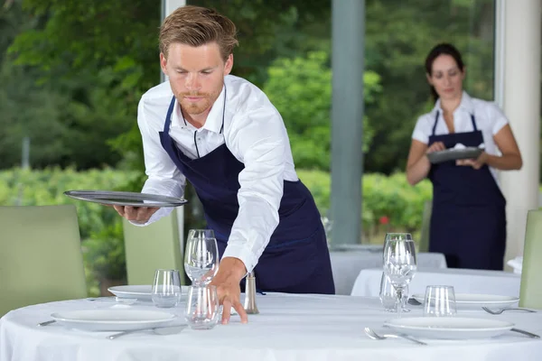 Portrait Waiter Setting Table — Stock Photo, Image