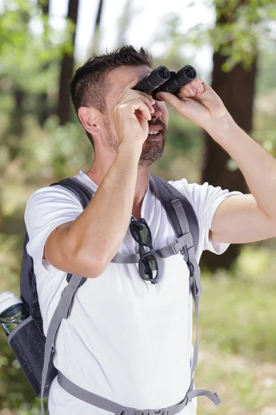 Handsome Man Watching View Binoculars — Stock Photo, Image