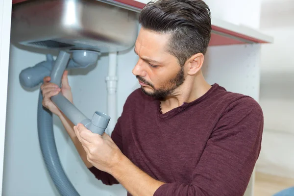 Plumber Repairing Sink Pipe Bathroom — Stock Photo, Image