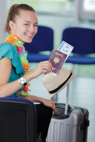 Young Woman Boarding Passes Departure Hall — Stock Photo, Image