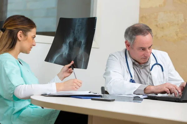 Retrato Del Médico Que Examina Radiografía Pélvica — Foto de Stock