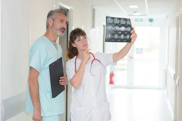 Kvinnlig Läkare Tittar Och Diskuterar Röntgenbild Sjukhus — Stockfoto