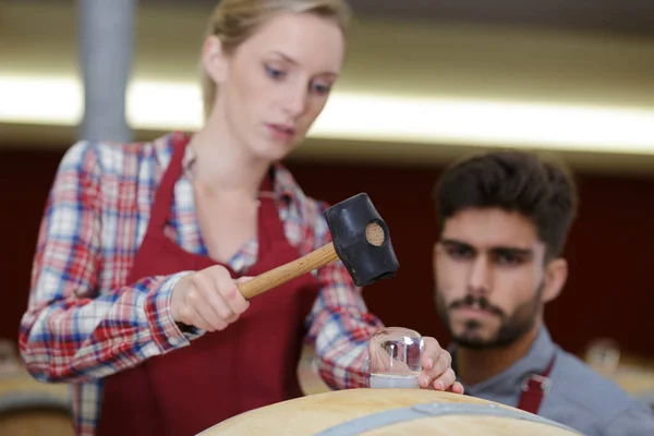 Donna Che Usa Martello Una Cantina — Foto Stock