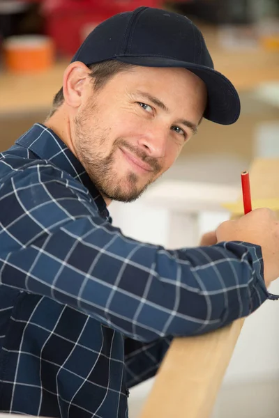 Builder Measuring Window Using Tape Measure Pencil — Stock Photo, Image