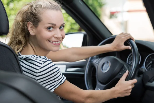 Happy Smiling Woman Car Looking Out Window — Stock Photo, Image