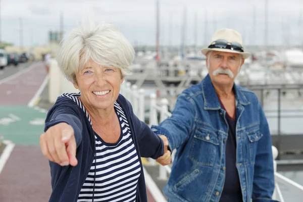 Gammal Man Och Kvinna Som Går Till Sjöss Och Pekar — Stockfoto