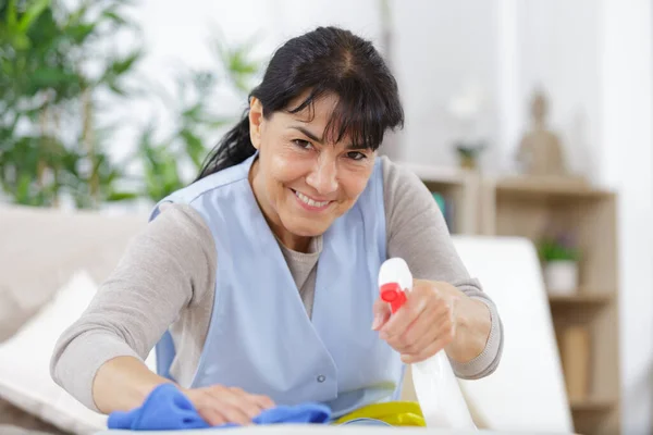 Ευτυχισμένη Γυναίκα Καθαρισμό Ένα Απορρυπαντικό Σπρέι — Φωτογραφία Αρχείου