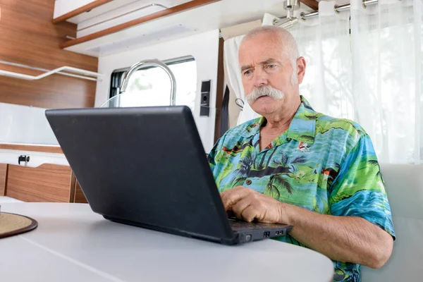 Senior Man Using Laptop His Campervan — Stock Photo, Image