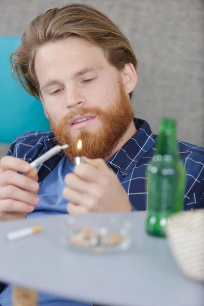 Male Alcoholic Drinking Beer Smoking Cigarette Night — Stock Photo, Image