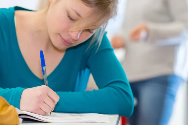 Studente Prendendo Appunti Ciò Che Detto Insegnante — Foto Stock