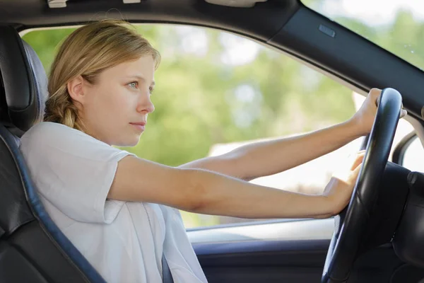 Young Woman Agressively Blowing Horn Car Steering Wheel — Stock Photo, Image