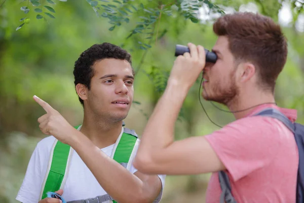 Excursionistas Masculinos Mirando Través Binoculares Bosque — Foto de Stock