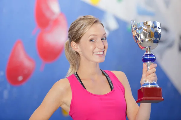 Winner Women Hold Shiny Trophy Stock Image