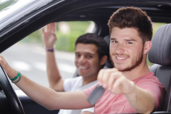 Handsome Happy Young Man Sitting His New Car — Stockfoto