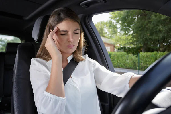 Woman Suffering Headache Car — Stockfoto