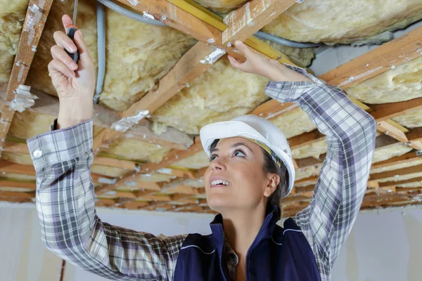 Carpintero Femenino Una Escalera Sitio Construcción —  Fotos de Stock