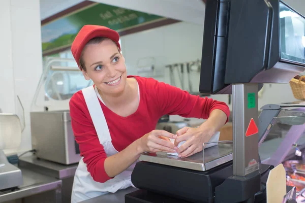 Female Cashier Sales Desk Butcher — Stock Photo, Image