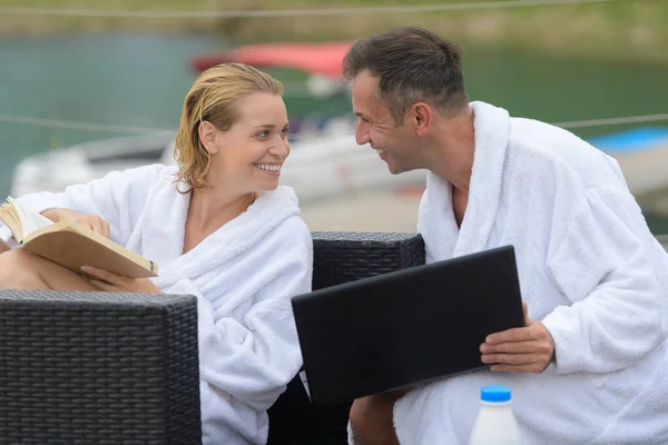Couple Bathrobes Enjoying Wellness Weekend — Stock Photo, Image