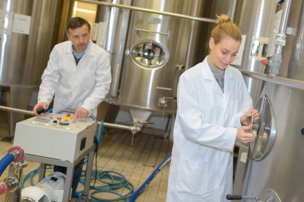 Bira Fabrikasındaki Kadın Erkek Fıçı Kontrollerini Ayarlıyorlar — Stok fotoğraf