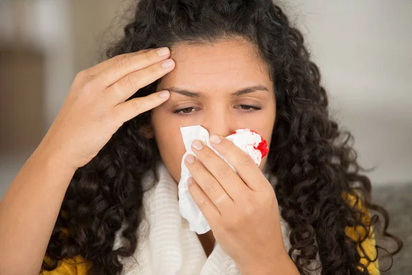 Cold Woman Holding Handkerchieif Blowing Nose — Stock Photo, Image