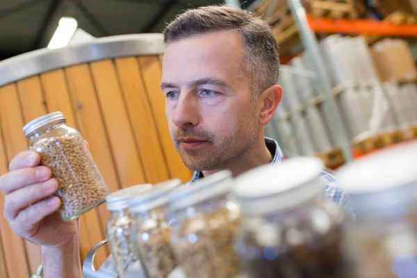 Bira Üreticisi Tahıl Kavanozunu Denetliyor — Stok fotoğraf
