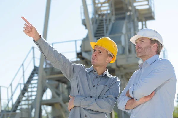 Retrato Los Trabajadores Señalando Horizonte — Foto de Stock