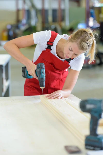 Construtor Feminino Trabalhando Usando Chave Fenda — Fotografia de Stock
