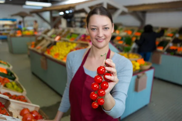 Vrouwelijke Kruidenier Tonen Wijnstok Cherry Tomaten — Stockfoto
